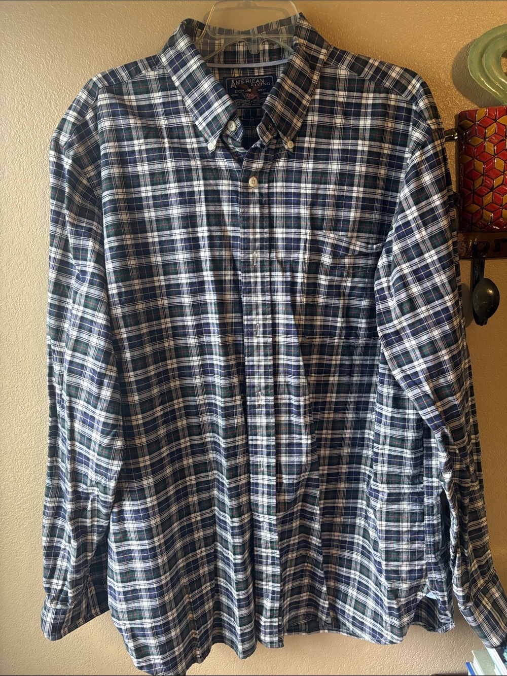 American Living Navy and White Plaid Button-Down Shirt